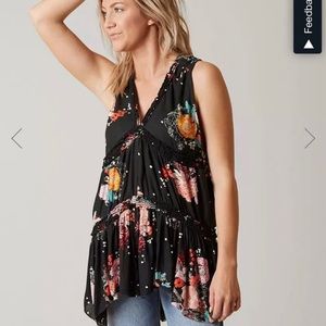 Free People Haze Floral Tunic Hi Low Green Tank Top Size small